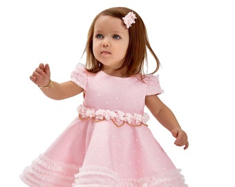 Baby Girls Polka Midi 2 Piece Occasion Formal Short Sleeves Dress Set in Light pink