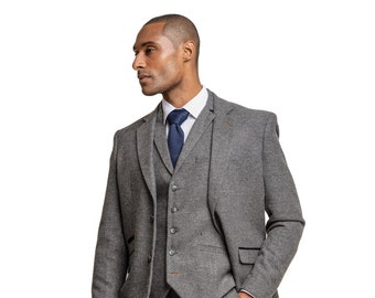 Men's Martez Grey 3 Pieces Suit Herringbone Tweed Slim Fit Retro Formal Wedding Business