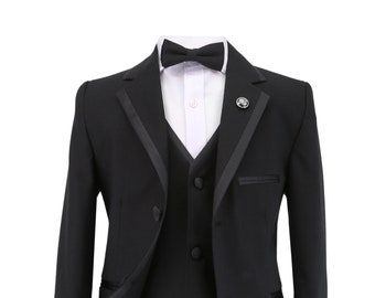 Boys Slim Fit Black Tuxedo, 5-Piece Piping Dinner Suit for Weddings and Special Occasions