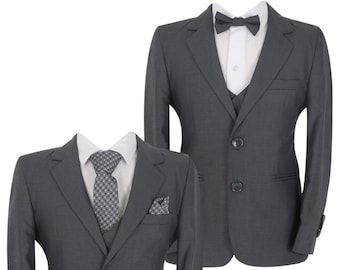 Boys Page Boy Slim Fit Suit 7 Piece Wedding Prom Formal complete Set in Dark Grey