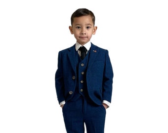 Jungen Anzug aus Tweed-Wolle, formelle Hochzeit, Slim Fit, Blau, 3-teiliges Set