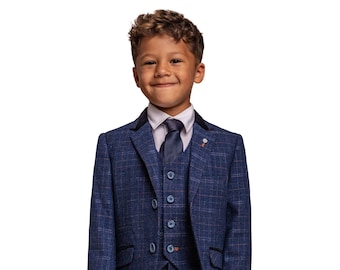 Cavani Boys Slim Fit Retro Windowpane Blue Check Tweed Suit Vintage Peaky Blinders Shelby Outfit, Age 1 to 15, RRP 144.99