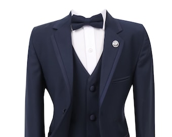 Boys Slim Fit Navy Blue Tuxedo, 5-Piece Piping Dinner Suit for Weddings and Special Occasions