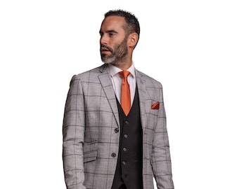Men's 3-Piece Slim Fit Suit - Light Grey Windowpane Blazer, Black Waistcoat, Black Chino Trousers - Modern Combined Set