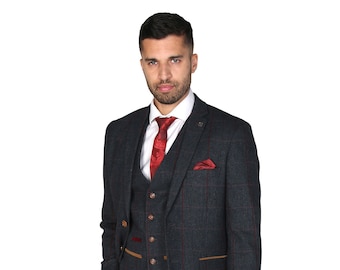 Men’s Tweed Herringbone Navy Sold Separately Suit - Wedding Business Tailored Fit 3 Piece Set