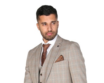 Paul Andrew Men's Check Tweed Retro Suit in Beige Brown