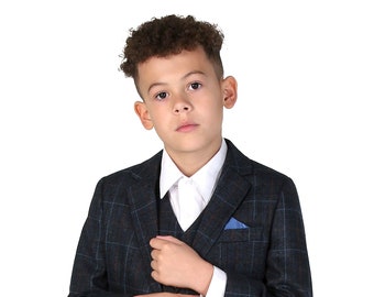 Boy's Check Tweed Retro Suit in Navy Blue