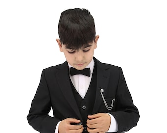 Boys Textured 6-Piece Formal Black Suit - Slim Fit for Pageboy, Wedding, Ages 1-16