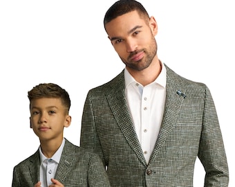 Herren- und Jungen-Tweed-Hahnentritt-Blazer in Grün, Vater-Sohn-Outfit für formelle Anlässe