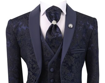 Boys Slim Fit 5 PC Paisley Floral Navy Tuxedo Suit with Satin Lapel - Elegant Formal Wear