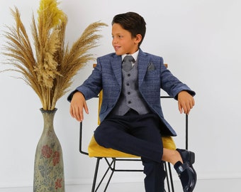 Boy’s Check Tweed Slim Fit 3 Piece Suit in Blue