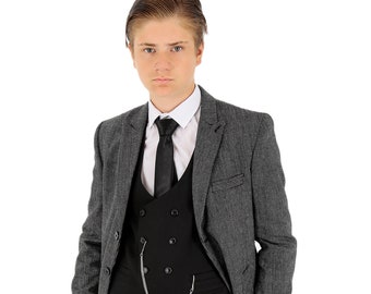 Boys Wool Birdseye Tweed Slim Fit Midi Smart Casual Formal Pageboy Wedding Winter Grey Coat Jacket