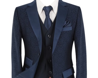 Boys Jacquard Patterned Fashion Suit 3 Piece Set in Navy Blue