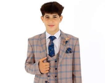 Boys Windowpane Check Slim Fit Peach and Navy Blue Suit 3 Piece Wedding Special Occasion Formal Set