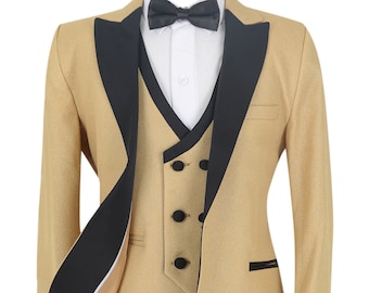 Boys Pageboy 5-PC Slim Fit Tuxedo Glitter Dinner Suit for Wedding & Special Events in Gold