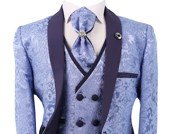 Costume Tuxedo Bleu Slim à 5 pièces pour Garçons avec Revers en Satin - Tenue de Cérémonie Elégante