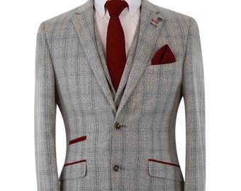 Mens Tweed Check Slim Fit 3 Piece Business Formal Suit Set in Grey