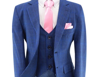 Boys Plaid Check Suit Tailored Fit Mid Blue Formal Pageboy Wedding Prom Set