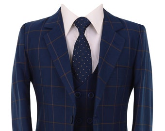 Boys Windowpane Check Woven Effect Suit Pageboy Navy Blue Formal Wedding Prom 5 Piece Set