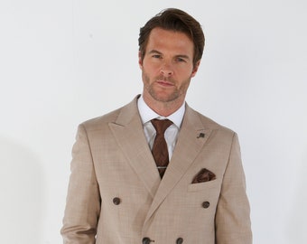 Men's Plaid Double-Breasted Beige Suit, 2PC Set Sold Separately, for Weddings Business & Special Events