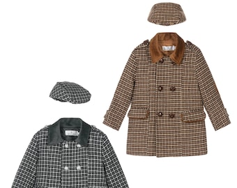 Boys Tweed Houndstooth Pea Coat & Cap Set with elbow patches, Classic 2PC Children's Winter Outwear