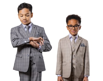 Boys Plaid Check Tailored Fit Suit Page Boy Retro Formal Wedding Prom 5 Piece Set