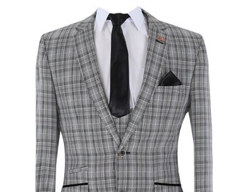 Men’s Tweed Check Jacket and  Trousers Suit Skinny Fit Formal Sold Separately Set  in Grey