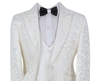 Boy’s Communion Patterned Slim Fit 3 Piece Suit Set in Ivory