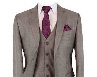 Mens Textured Tailored Fit Dark Beige Suit Formal Business Wedding 3 Piece Set