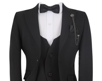 Boys Kids Slim Fit Wedding Suits Herringbone Formal Pageboy Prom 8 Piece All in One Suit in Black