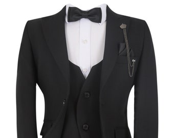 6-Piece Boys' Black Suit Set – Tuxedo With Turquoise Satin Necktie & Vest, Sizes Baby To Teen