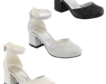 Girls Communion Wedding Flower Girl Block Heels Dress Shoes Ankle Strap Round Close Toe Pump