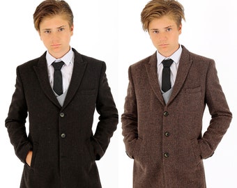 Boys Wool Tweed Patterned Midi Smart Casual Formal Pageboy Wedding Winter Coat Jacket