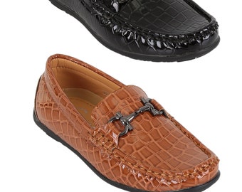 Boys Faux Leather Slip On Crocodile Hazel Loafer Wedding Prom Smart Casual Moccasin Shoes