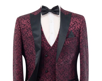 Hombre estampado Shimmer Tuxedo Novio Boda Slim Fit 3 Piezas Traje Set en Borgoña