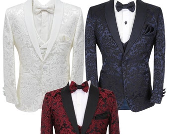 Boys Floral Embroidered Tuxedo Suit Formal Pageboy Wedding Dinner Prom Performance Communion 6 Piece Complete Set