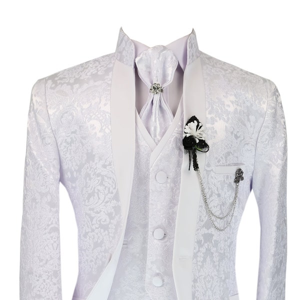 Costume Tuxedo Garçons Blanc à Motif Floral Paisley 6 Pièces, pour Baptême, Communion & Toutes Occasions Spéciales