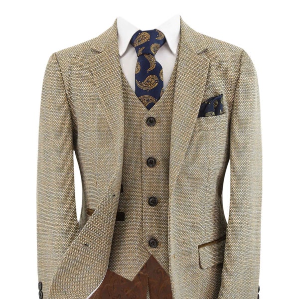 Boys Tweed Check Tailored Fit 3 Piece Formal Suit Set in Beige