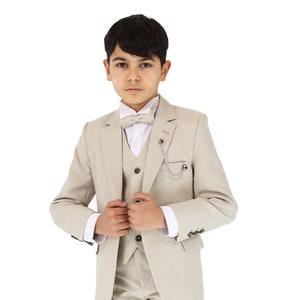 Boys Textured 6-Piece Formal Beige Suit - Slim Fit for Pageboy, Wedding, Communion Ages 1-16