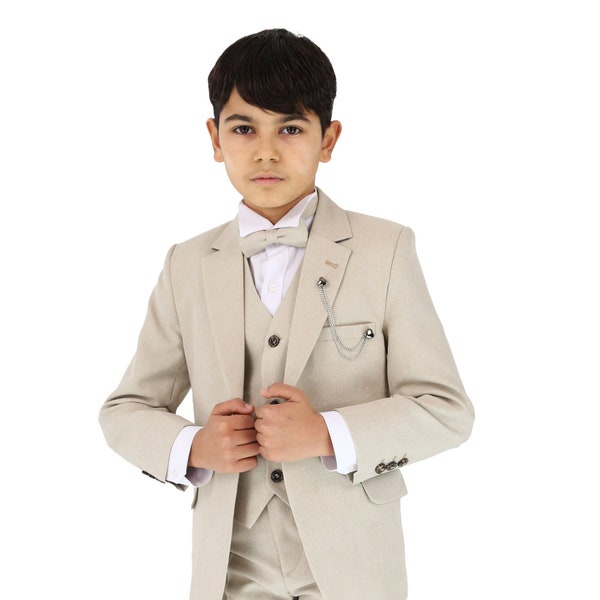 Costume beige formel texturé 6 pièces pour garçons - Coupe slim pour pageboy, mariage, communion de 1 à 16 ans