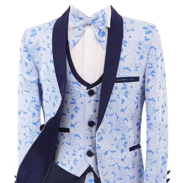 Boys Page Boy Slim Fit Wedding Tuxedo Suit in Blue Floral Patterned 5 Piece Occasion Outfit Age 1 to 16