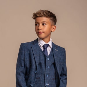 Cavani Boys' Tweed Wool Blend Herringbone Check Suit in Navy Blue, Age 1 to 15, RRP 144.99