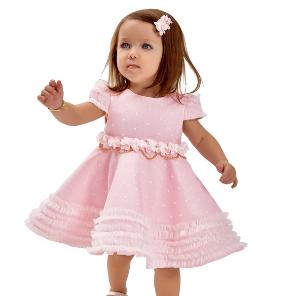 Baby Girls Polka Midi 2 Piece Occasion Formal Short Sleeves Dress Set in Light pink