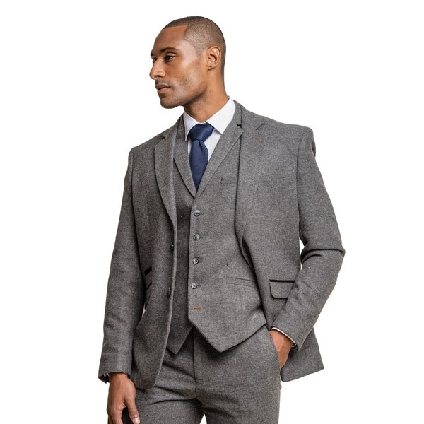 Men's Martez Grey 3 Pieces Suit Herringbone Tweed Slim Fit Retro Formal Wedding Business