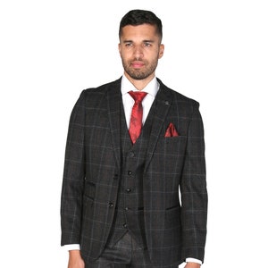 Mens Tweed Check Tailored Fit Retro Wedding Charcoal Grey Suit 3 Piece ...
