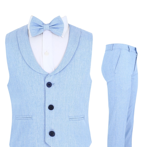 Bébé garçon costume gilet simple boutonnage bleu clair coton lin 4 pièces ensemble de mariage formel