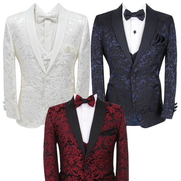 Boys Floral Embroidered Tuxedo Suit Formal Pageboy Wedding Dinner Prom Performance Communion 6 Piece Complete Set