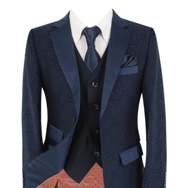 Boys Jacquard Patterned Fashion Suit 3 Piece Set in Navy Blue