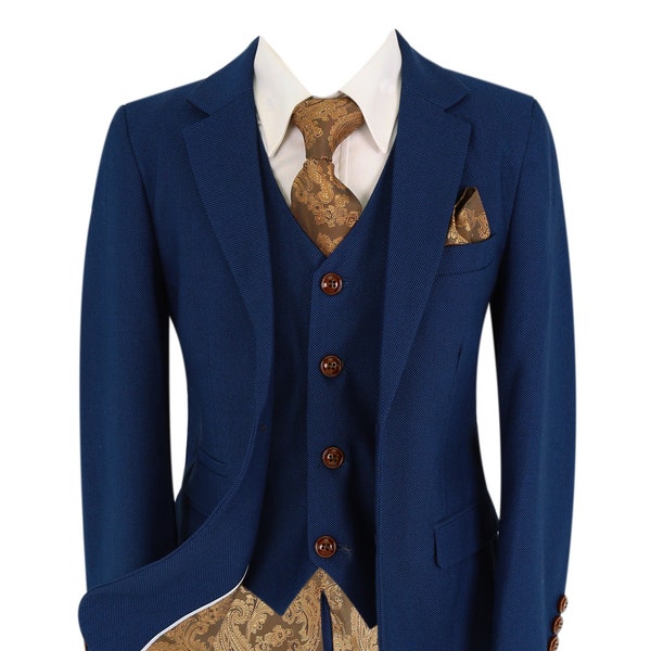 Boys Tailored Fit Royal Blue Retro Suit Formal Wedding Pageboy Prom 3 Piece Occasion Outfit