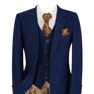 Boys Windowpane Plaid Check Suit Tailored Fit Dark Royal Blue Vintage Retro Pageboy Wedding Formal 3 Piece Set